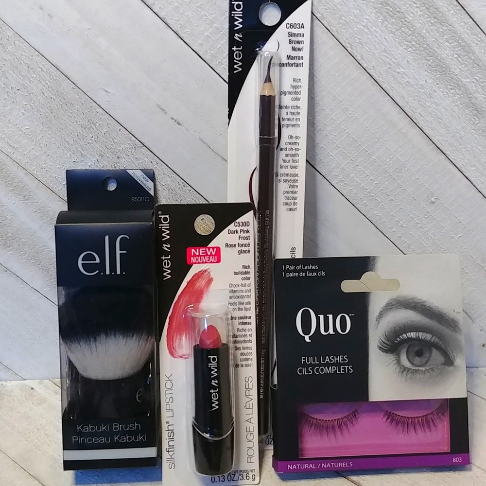 NEW Makeup Bundle Elf Kabuki Brush, Wet n Wild Eyeliner & Lipstick, Quo …